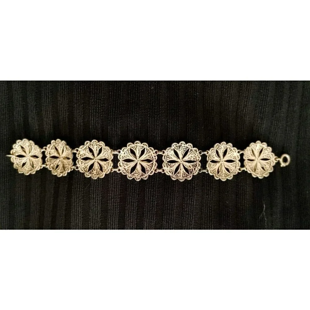 Vintage Floral Filigree Silver Color Link Bracelet 7 1/4" - Picture 1 of 4